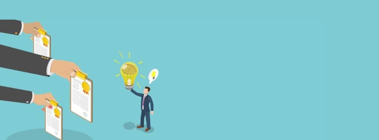 An illustration of various paper work being presented to a person, in response the person holds up a light bulb to them.