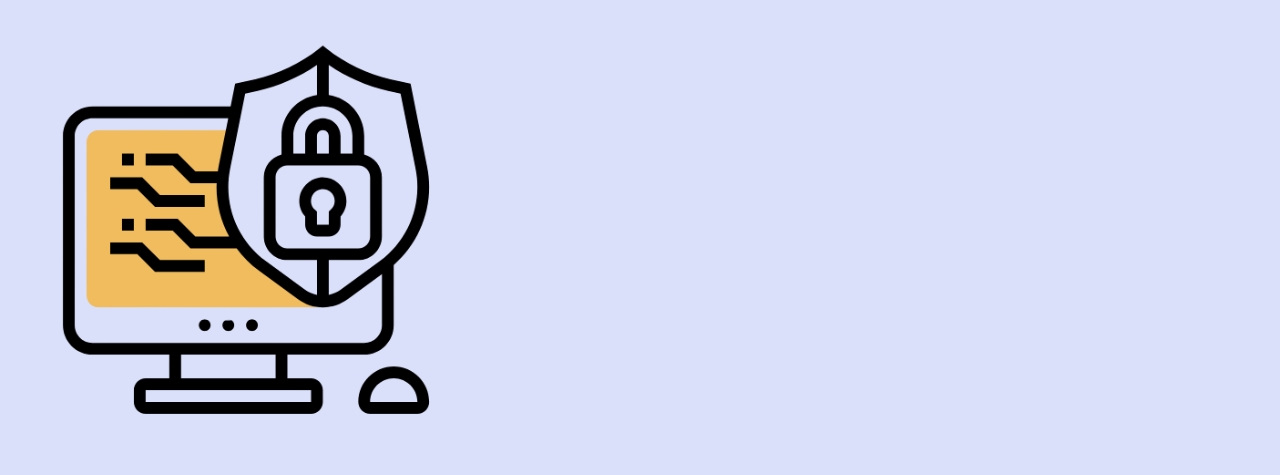 The image contains an illustration of a desktop computer monitor displaying circuit-like lines on a yellow screen, overlaid with a shield and padlock icon, symbolizing data protection.