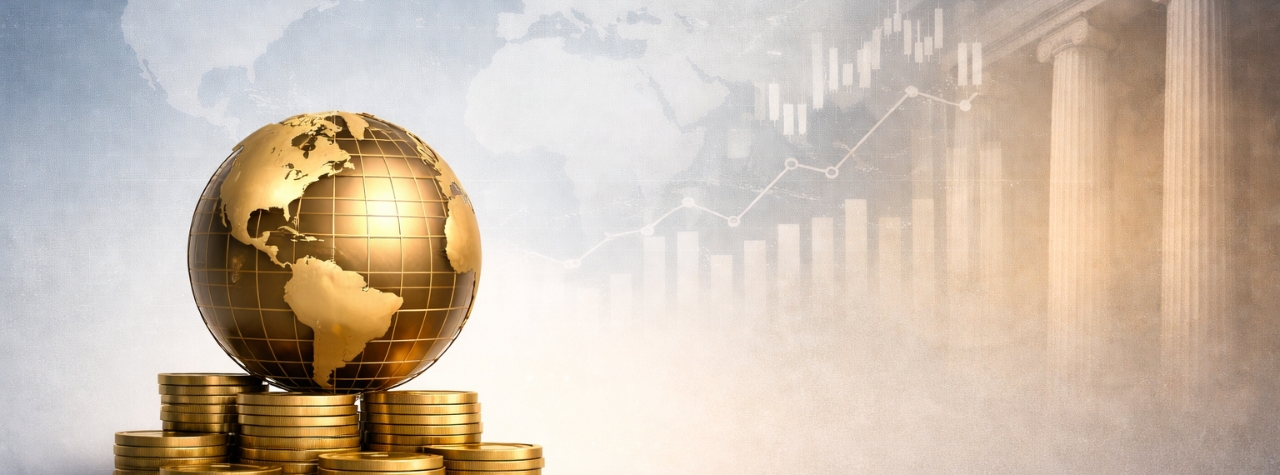 Minimalist banner featuring a golden coloured globe resting on gold stacked coins on the left, symbolizing international investment, set against a subtle world map and faint courthouse columns in the background