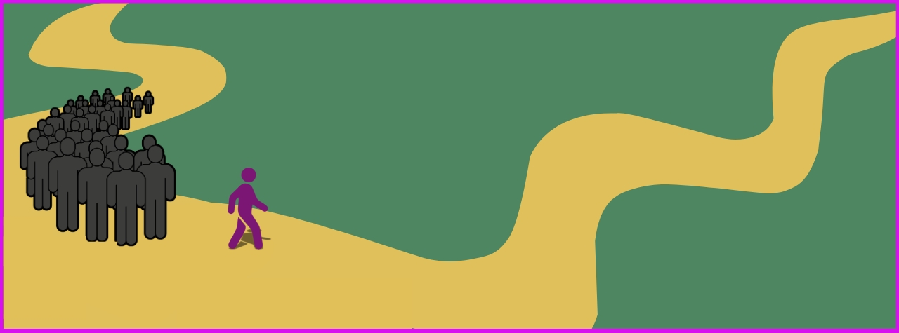 An illustration with a dark green background showing two paths diverging. There is a crowd on one path and a lone person who is walking away from the crowd towards the other path.