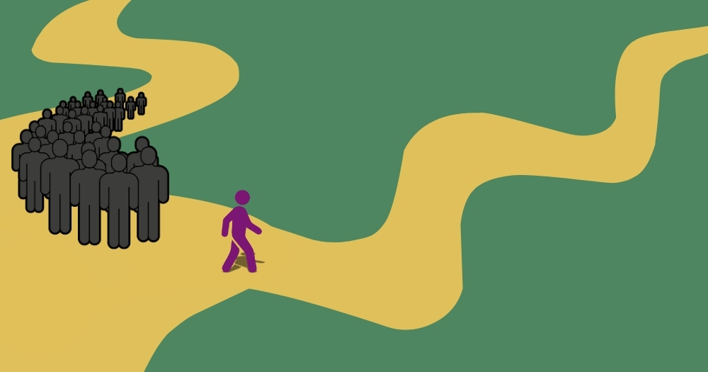 An illustration with a dark green background showing two paths diverging. There is a crowd on one path and a lone person who is walking away from the crowd towards the other path.