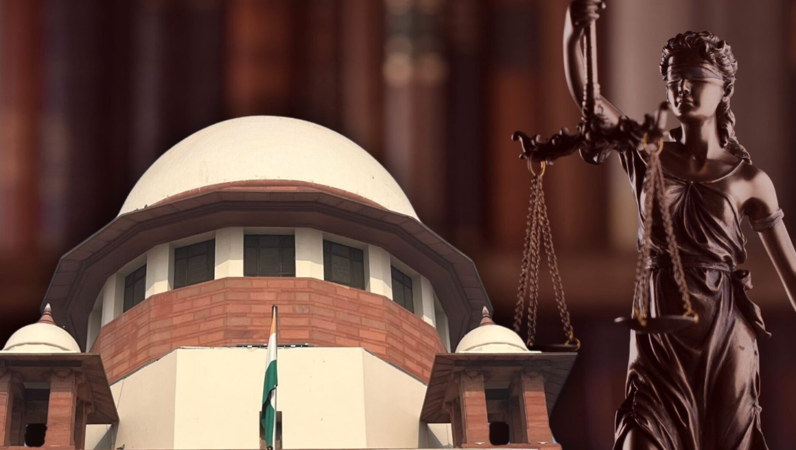 The Supreme Court building with the Indian flag in front, alongside a statue of Lady Justice holding scales.