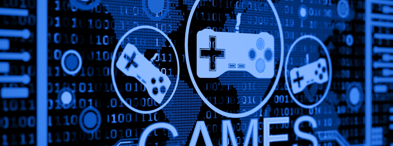 Blue-toned digital illustration featuring video game controllers and gaming icons over a futuristic binary-code background.