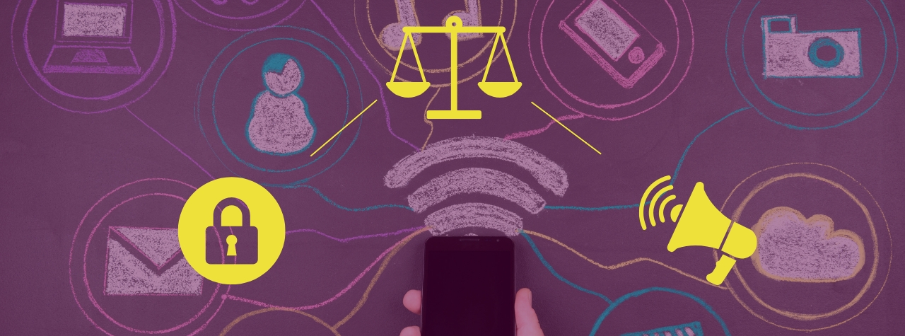 A purple background: a hand holding a phone and all around it are graphics of different social media notifications. Overlaying this background is a bright yellow justice scale in the centre, with a padlock and a megaphone of the same colour on each side.