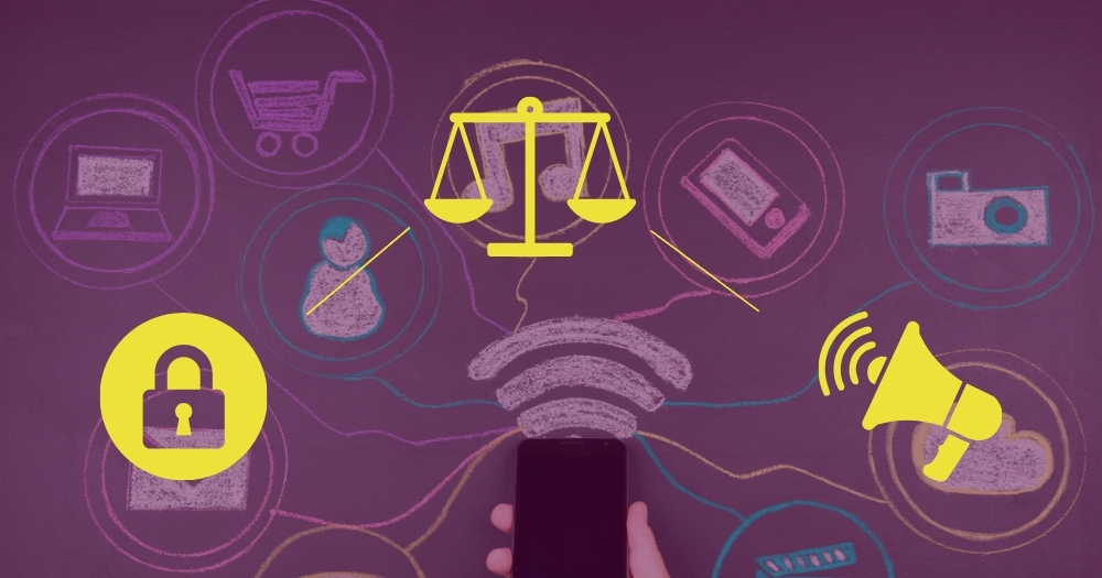 A purple background: a hand holding a phone and all around it are graphics of different social media notifications. Overlaying this background is a bright yellow justice scale in the centre, with a padlock and a megaphone of the same colour on each side.