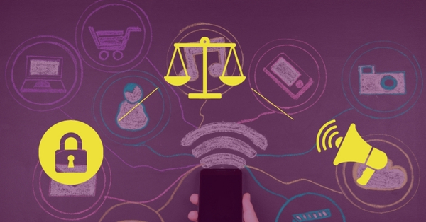 A purple background: a hand holding a phone and all around it are graphics of different social media notifications. Overlaying this background is a bright yellow justice scale in the centre, with a padlock and a megaphone of the same colour on each side.
