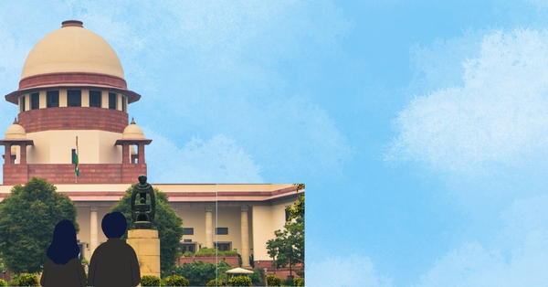 A blue sky background with a cut of the Indian Supreme Court and silhouettes of two people in the foreground.