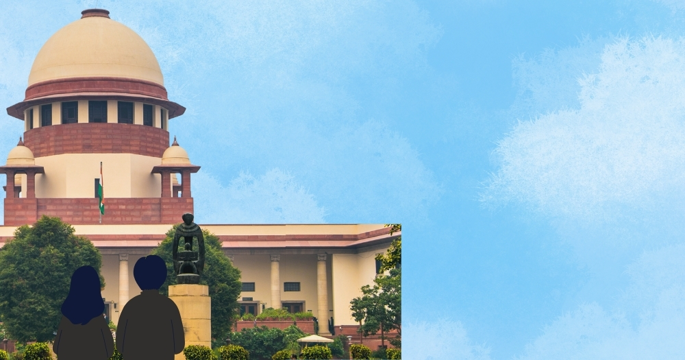 A blue sky background with a cut of the Indian Supreme Court and silhouettes of two people in the foreground.
