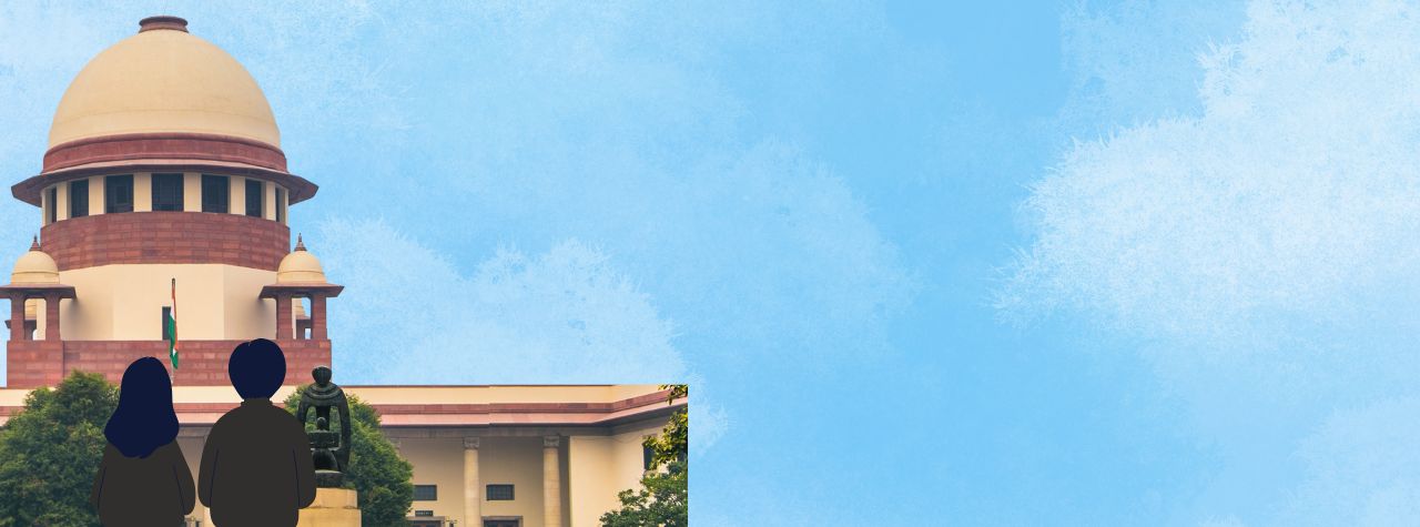 A blue sky background with a cut of the Indian Supreme Court and silhouettes of two people in the foreground.